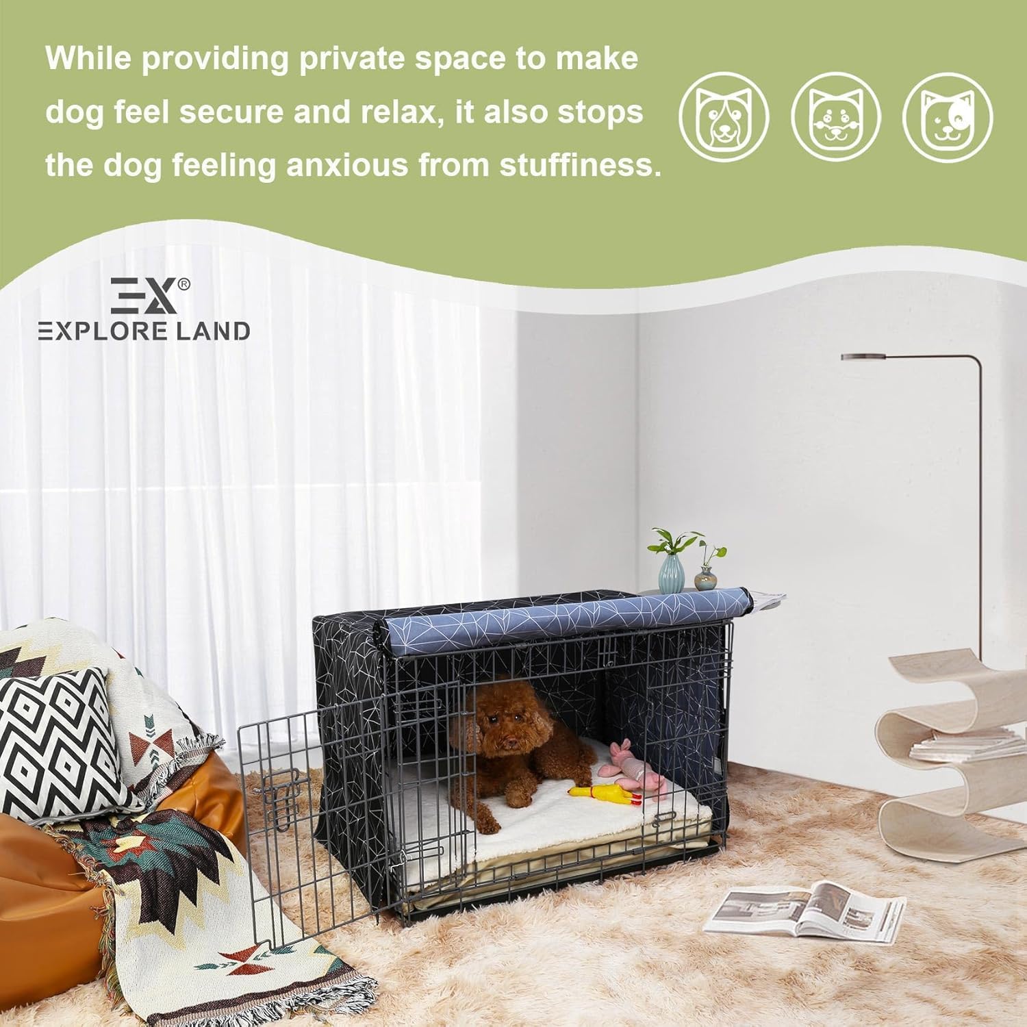 Explore Land Pattern Dog Crate Cover for 18 Inches Wire Cage, Heavy-Duty Polyester 1 2 3 Doors Standard Metal Pet Kennel Enclosure (Brief Polygonal)