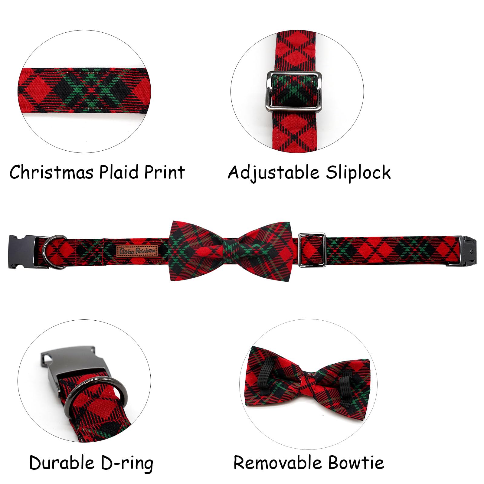 Bobo Rainbow Dog Collar, Christmas Dog Collar Plaid Pet Collar Bow Holiday Bows Girl Boy Puppy Collar Adjustable Pet Collar for X-Large Dogs