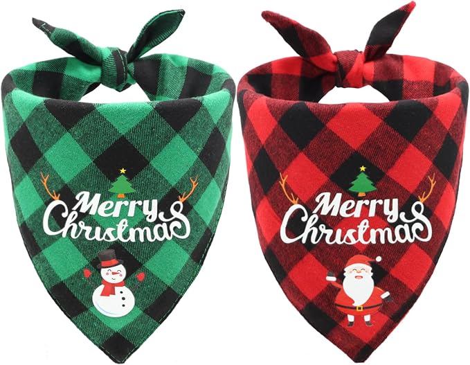 CozyHaus Christmas Dog Bandanas 2PCS-Small,Classic Plaid Triangle Holiday Scarf with Santa and Snowman Prints,Winter Pet Outfit for Boys and Girls,Red Green Plaid Dog Costume for Small Dogs and Cats