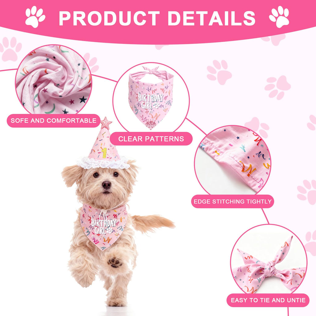 Dog Birthday Party Decorations, Adjustable Dog Bandana Set with Hat, Numbers, Banner for Pet Party Supplies Festive Accessories Large Medium Small Pet Puppy Dogs, Pink