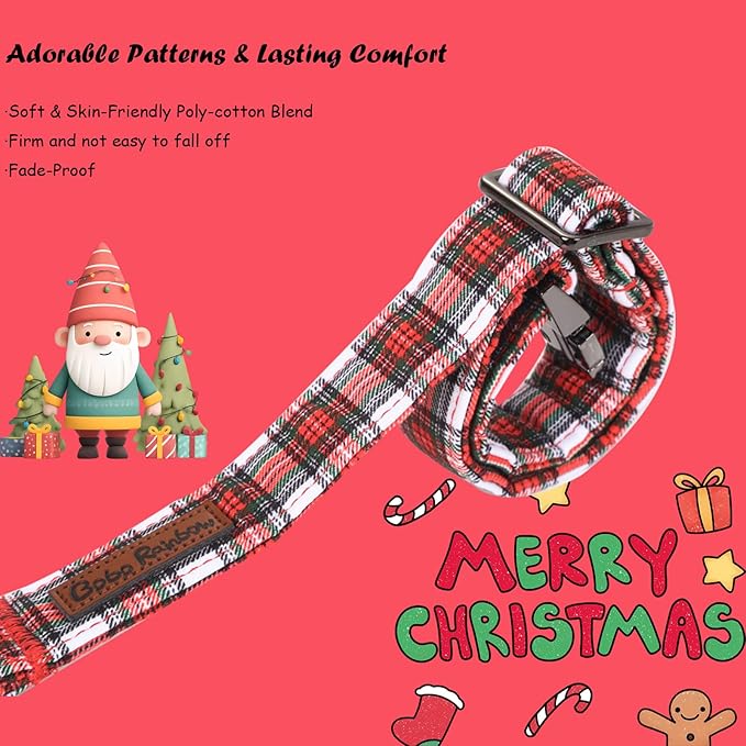 Bobo Rainbow Christmas Dog Collar, Red Plaid Cotton Collars with Bow Adjustable Pet Collar Premium Metal Buckle, Christmas Puppy Necklace for Small Girl and Boy Dogs