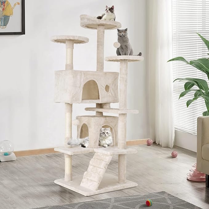 Heavy Duty Cat Tree Tower, 54" Tall Cat Tower for Indoor Cats with Cat Scratching Post with Bed, Cat Condo, Hanging Ball, Multi-Level Cat Climbing Tower Cat Trees Furniture Activity Center