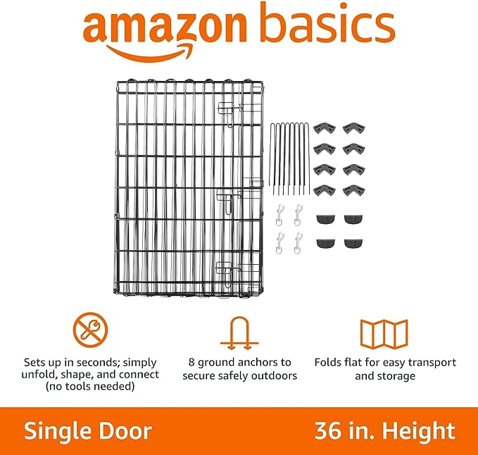 Amazon Basics Foldable Metal Exercise Dog Playpen, Indoor/Outdoor, Single Door, 8 Panels, 36 Inches, Medium, Black