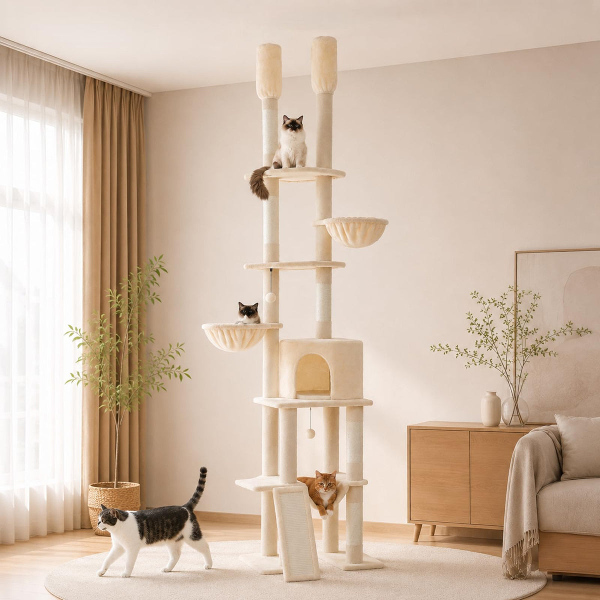 PAWZ Road Cactus Floor-to-Ceiling Cat Tree 5-Tier Cat Tower with Hammock