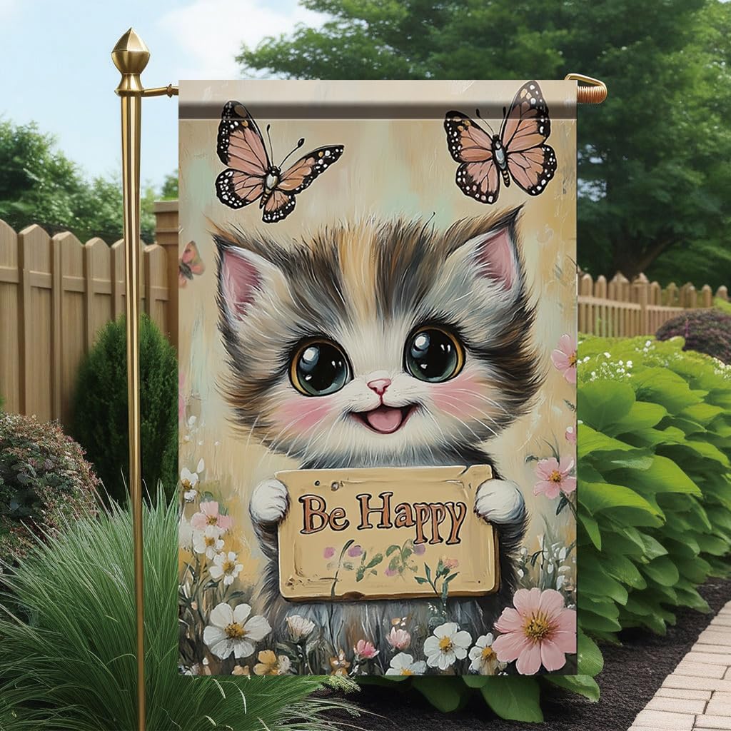 Tomhong Be Happy Cat Garden Flag 12x18 Inch Double Sided Outdoor Yard Banner Cute Kitten with Butterflies and Flowers for Spring Summer Patio Porch Lawn Home Decoration