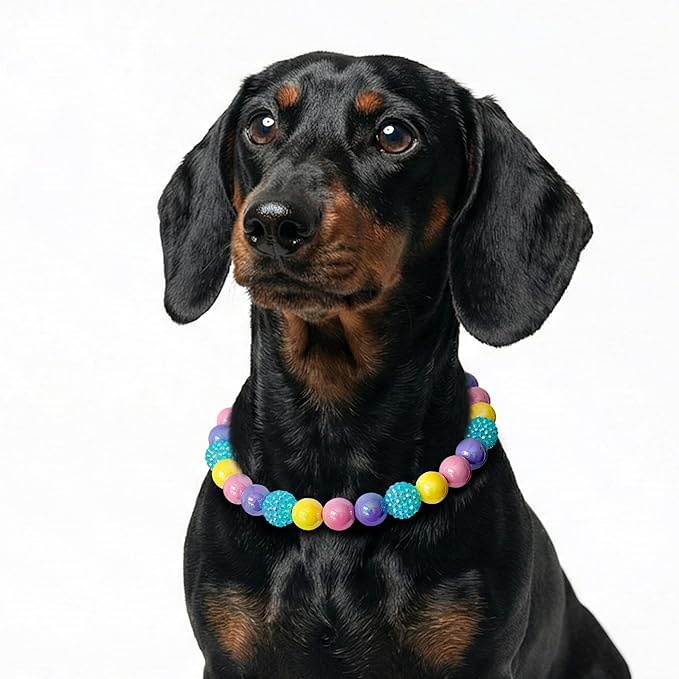 JOGIA Beaded Dog Necklace Collar, Adjustable Jewelry-Inspired Design with Sparkle Beads (Iridescent Pastels, Small)