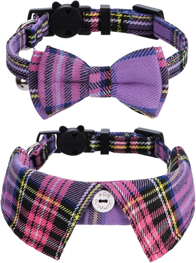Faleela Cat Collar Bandana Bells Set - 2 Pack Set Cat Collar Breakaway with Cute Bow Tie and Bell, Adjustable from 7.8-10.5 Inch, Soft and Comfortable for Kitty and Some Puppies