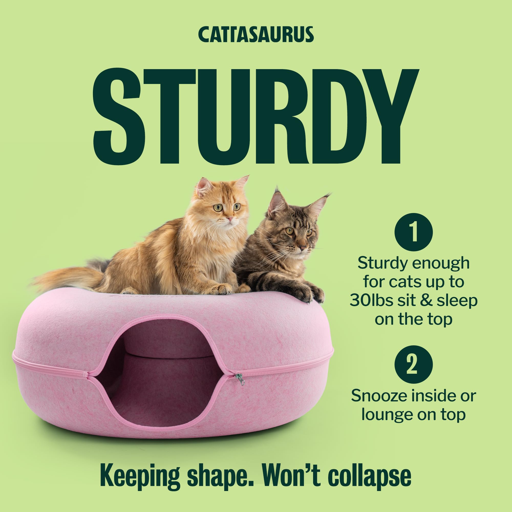 Cattasaurus Peekaboo Cat Cave Donut for Multiple & Large Cats up to 30-45 lbs, 3-in-1 Self Warming Cat Bed, Tunnel & Scratcher for Indoor Cats, Washable & Detachable Small Dog Bed (Pink, Jumbo)