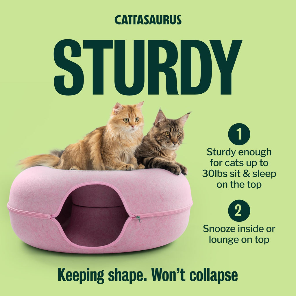 Cattasaurus Peekaboo Cat Cave Donut for Multiple & Large Cats up to 30-45 lbs, 3-in-1 Self Warming Cat Bed, Tunnel & Scratcher for Indoor Cats, Washable & Detachable Small Dog Bed (Pink, Jumbo)