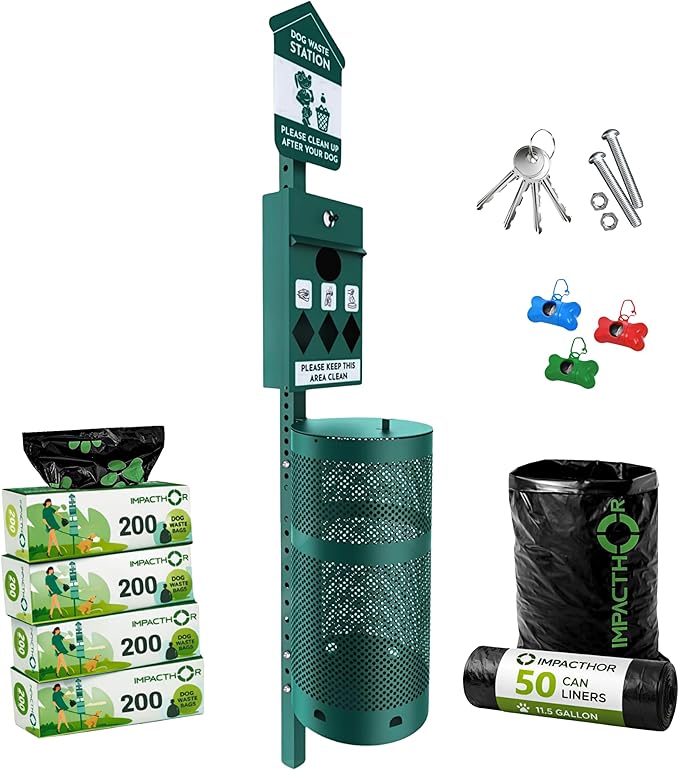 IMPACTHOR Dog Waste Station Outdoor Pet Waste Station- Desing With 4 Holes And 800 Dog Poop Bags, 50 Waste Can Liners, 3 Poop Bag Holders & 2 Set Of Keys, For Commercial Use, Parks, Condos & HOA