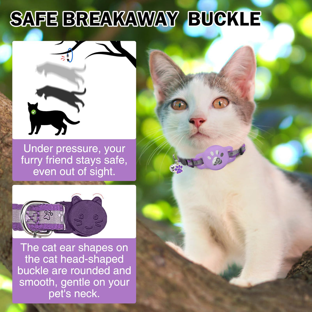 DILLYBUD Airtag Cat Collar Breakaway, Reflective Kitten Collar with Bell and Apple Air Tag Holder, GPS Cute Cat Collar, Glow in The Dark Pet Collars for Boy Girl Cats, Kittens, Puppies, Purple