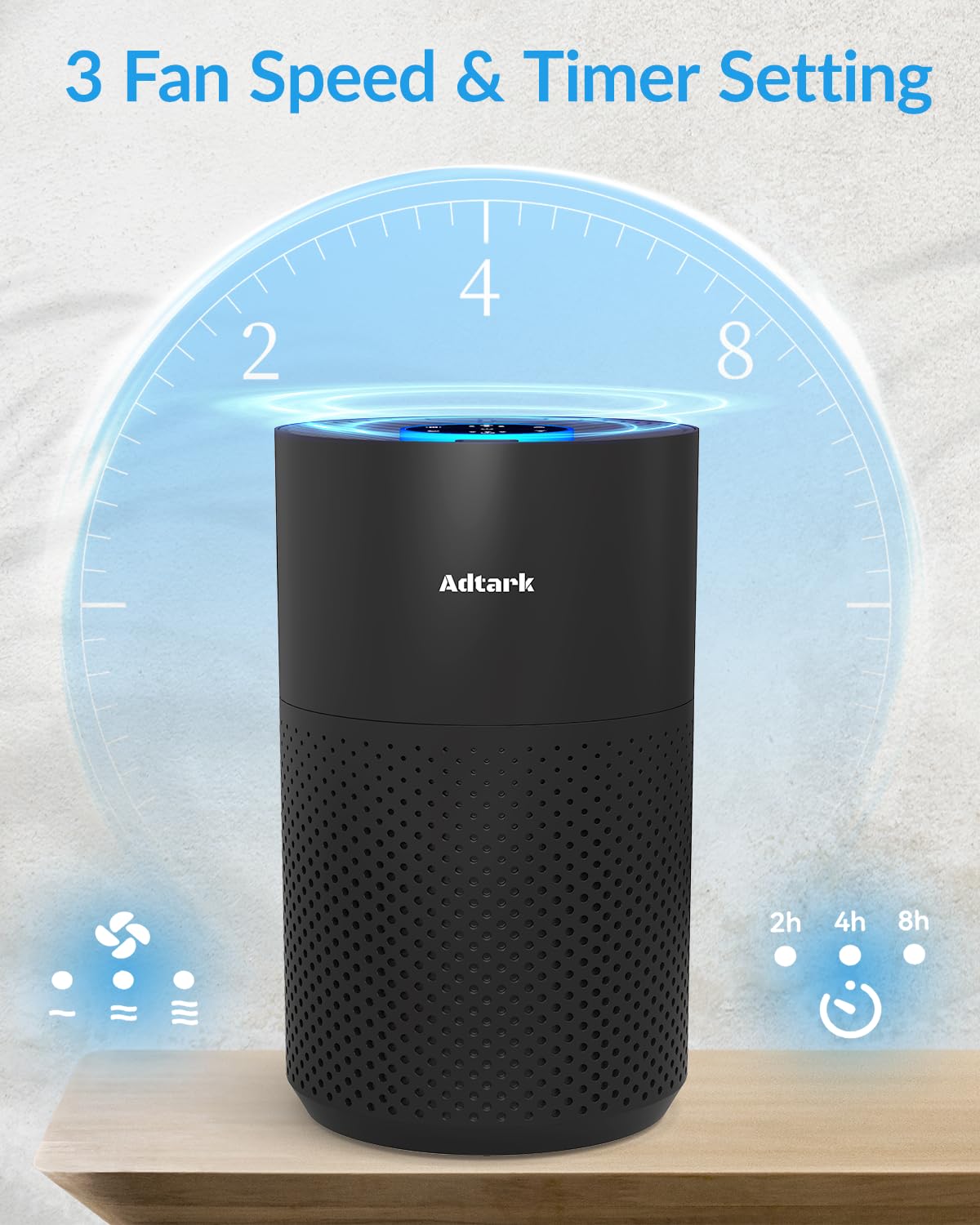 Air Purifiers for Home Bedroom, ADTARK Air Cleaner with 3-in-1 Filter, Sleep Mode & Aroma Function, 3 Light Modes, Room Air Purifier with 3 Timer for Office, Dorm, Hotel (Black)