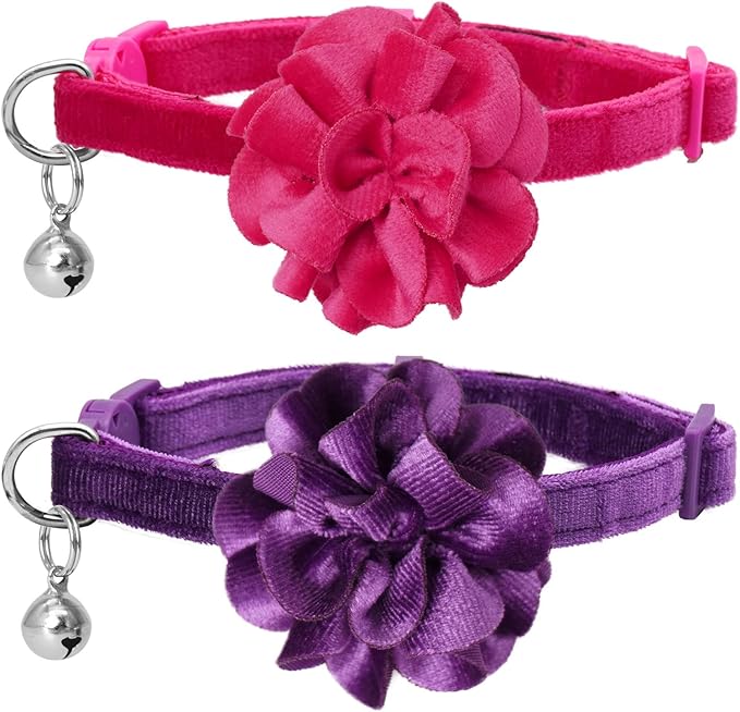 azuza 2 Pack Breakaway Cat Collar with Bell, Velvet Floral Green Cat Collar