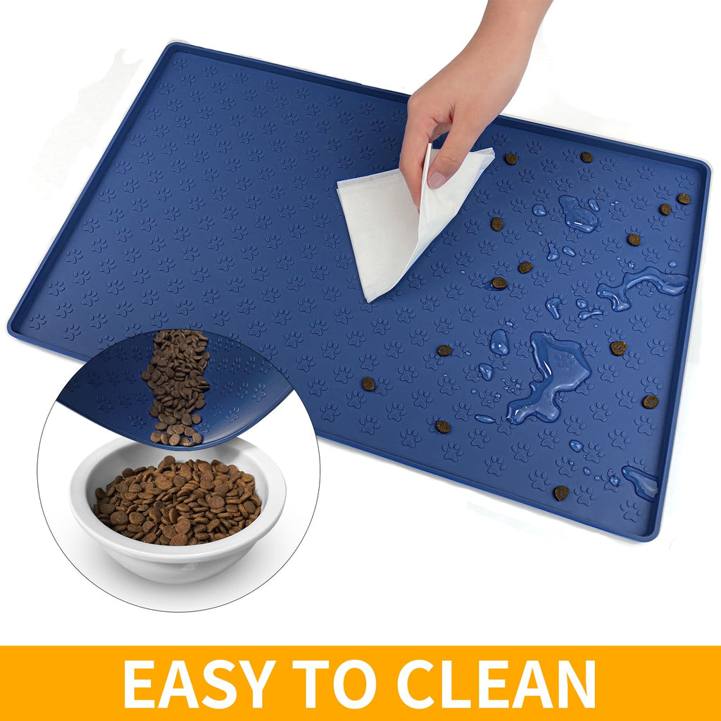 Ptlom Silicone Pet Placemat for Dog and Cat, Waterproof Non-Slip Pet Feeding Bowl Mats for Food and Water, Small Medium Large Tray Mat Prevent Residues from Spilling to Floor, Navy Blue, 24.5" 16.5"