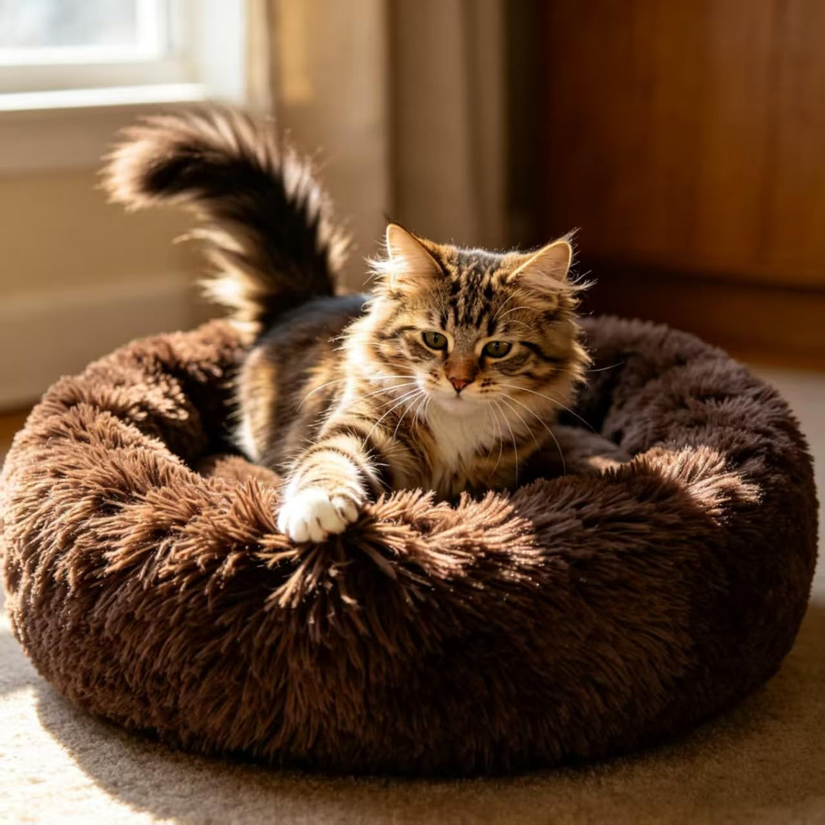 Purrfect Cat Beds - Washable 20 inches, Anti-Anxiety Round Plush Faux Fur, Thick Bottom (Purple, Medium) - Suitable for Indoor Cats & Small/Medium Dogs