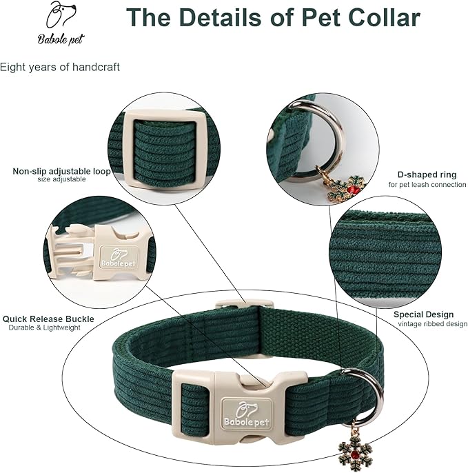 Babole Pet Cute Corduroy Dog Collar - Forest Green Adjustable Dog Collars for Medium Dogs 25-50lbs, Fade-Proof with Secure Snap & Little Charm, Christmas Birthday Gift, M