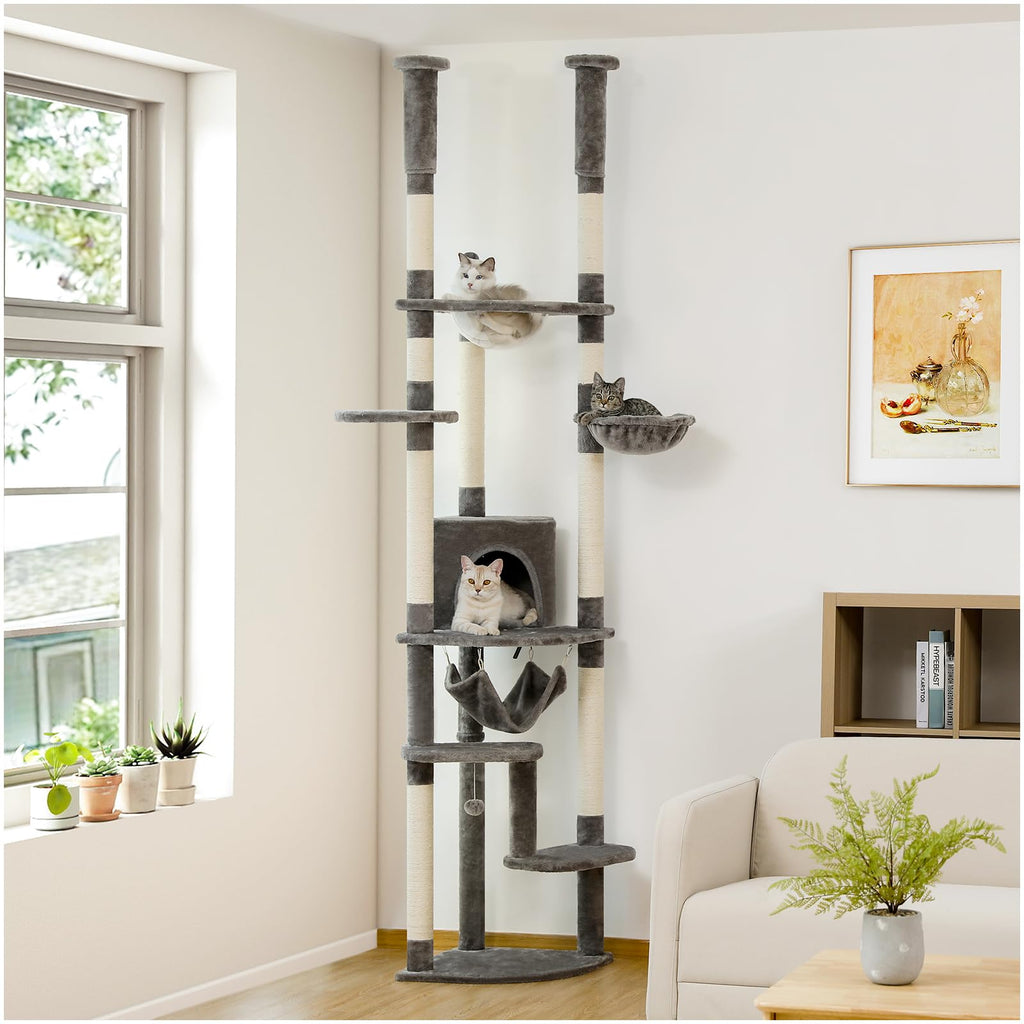 PETEPELA Floor to Ceiling Cat Tree, 92.9-101.6" Tall Cat Tower, Gray