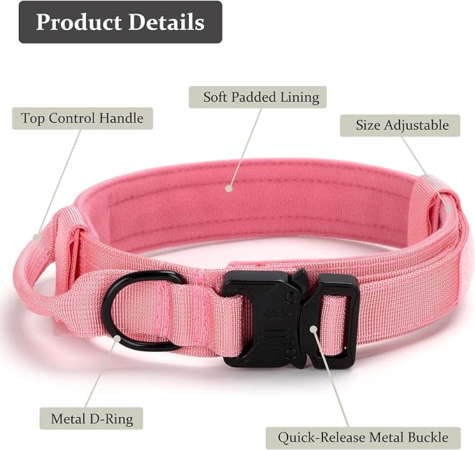 Tactical Dog Collar, Adjustable Military Training Nylon Dog Collar with Control Handle and Heavy Quick-Release Metal Buckle for Small Medium Large Dogs, Light Pink S