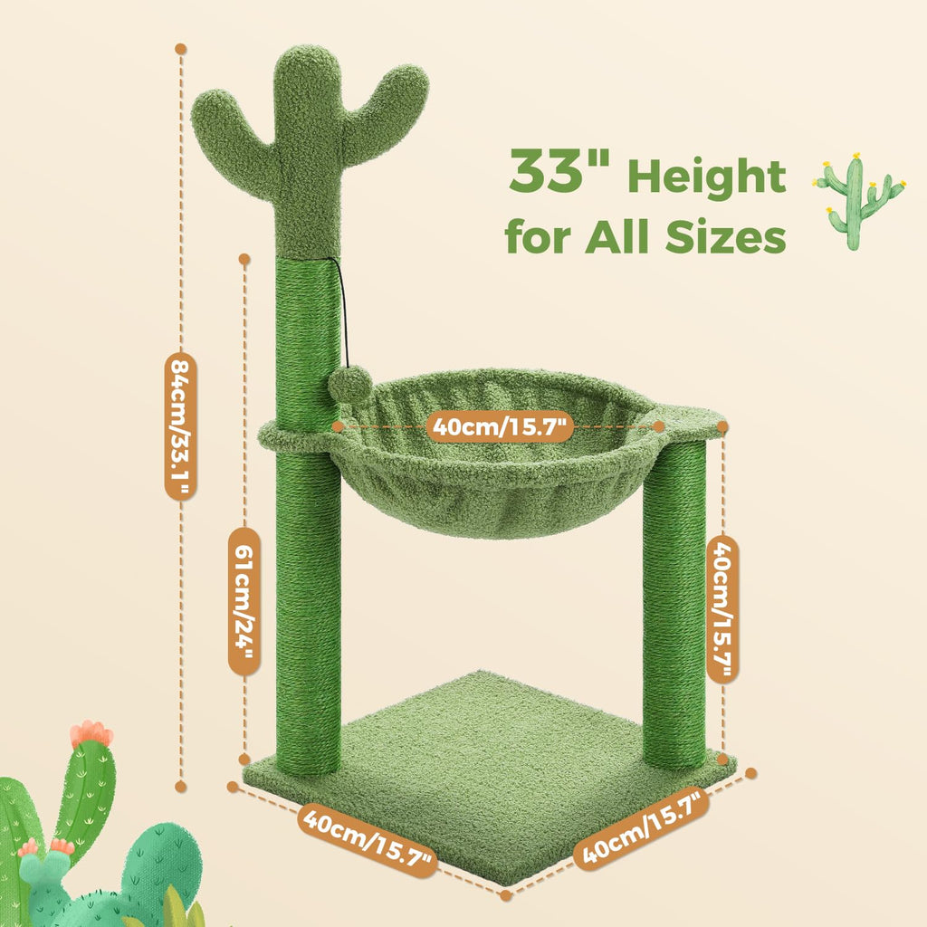 PAWZ Road Cactus Cat Scratching Post, 33" Cat Tree with Hammock & Scratch