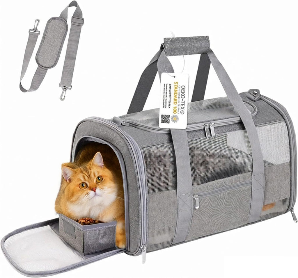 Simpelg Airline Approved Cat Carrier Soft-Sided Pet Carrier for Cats and Small Dogs 17“ Under Seat Travel Carrier TSA Approved with Foldable Bowl Breathable Mesh Collapsible & Machine Washable, Grey