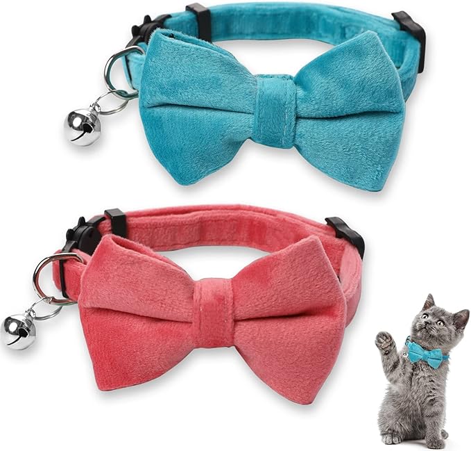 Sliverdew 2 Pcs Safety Cat Collar with Bell Breakaway Bow Tie Cat Collar Adjustable Velvet Kitten Collars Small Puppy Bowtie Collar for Wedding Birthday Party