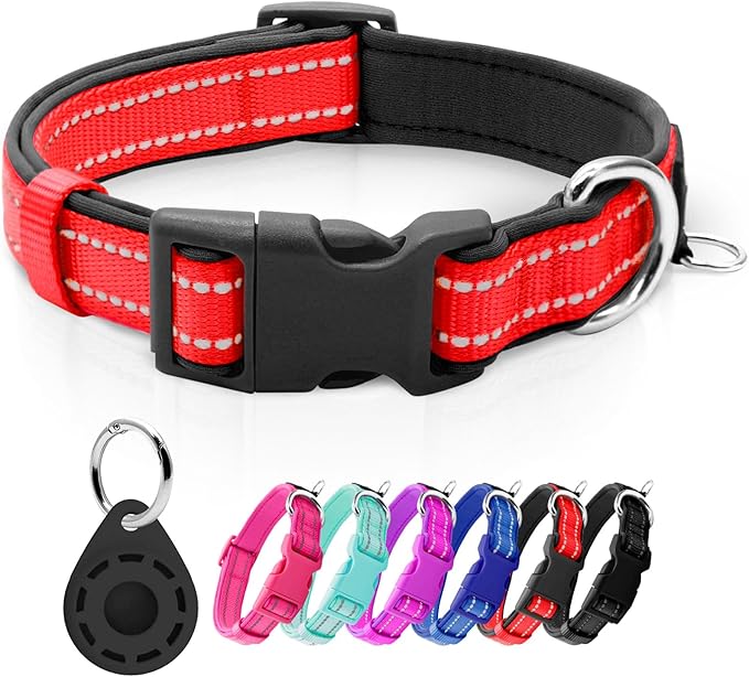 azuza Reflective Dog Collar with Airtag Holder, Soft Neoprene Padded Pet Collar with ID Tag Ring, Adjustable for Medium Dogs,Red,M