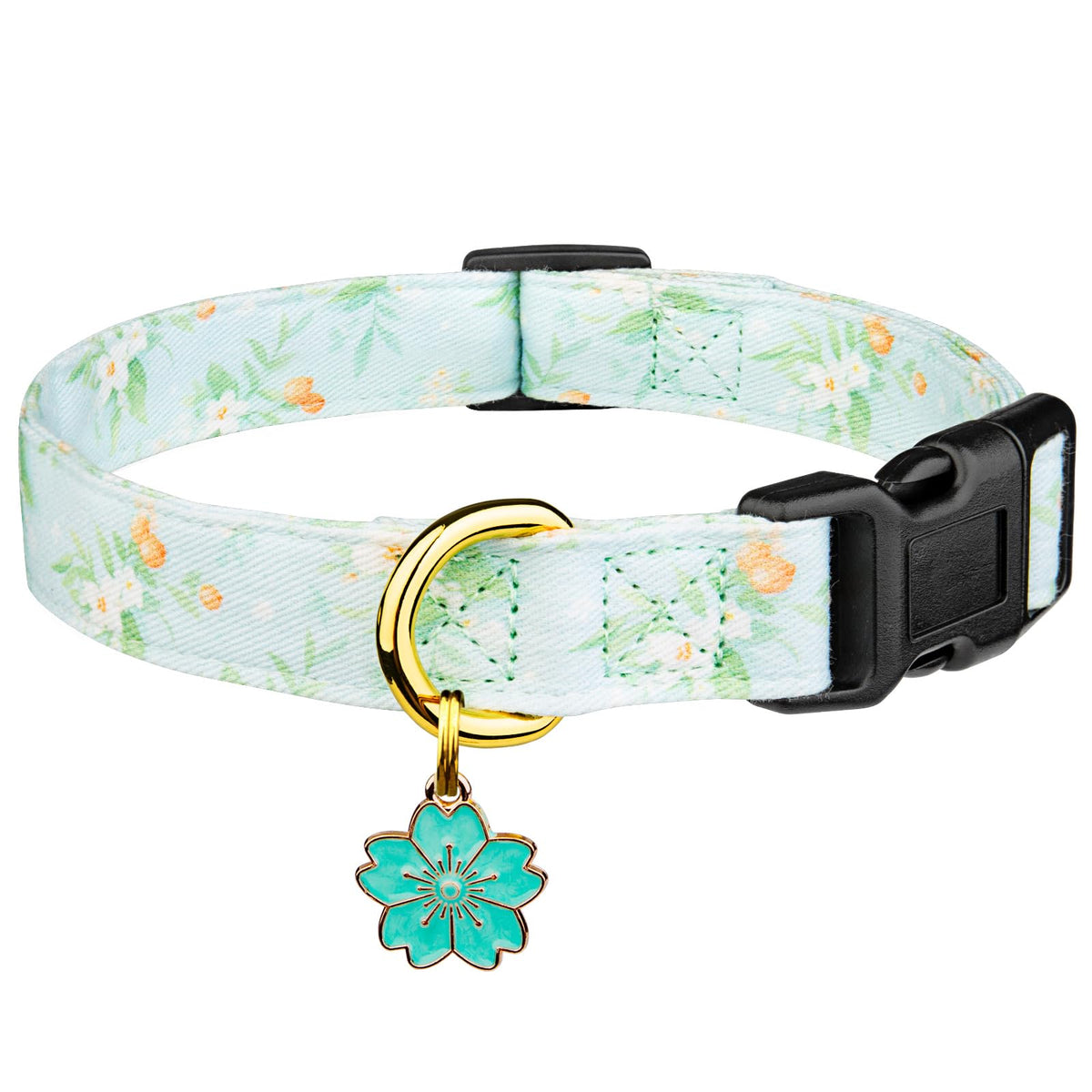 Cotton Dog Collar Pink Flower with Pendant Cute Dog Collar S