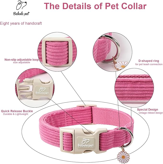 Babole Pet Cute Corduroy Dog Collar - Deep Rose Adjustable Dog Collars for Medium Dogs 25-50lbs, Fade-Proof with Secure Snap & Little Charm, Christmas Birthday Gift, M