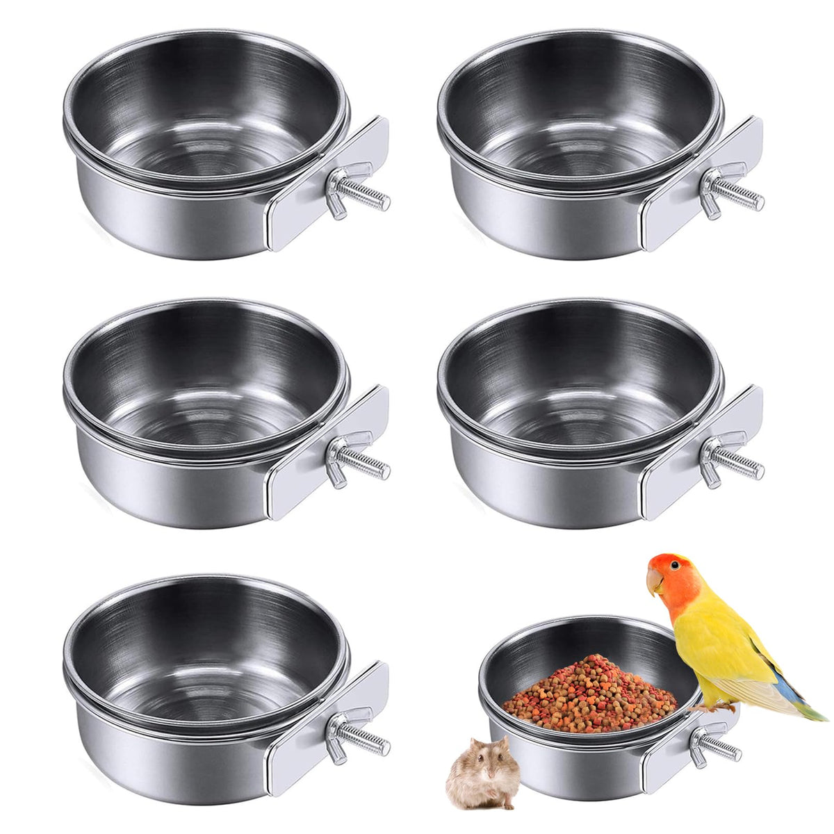 PINVNBY Parrot Feeding Cups Birds Food Dish Stainless Steel Parrot Feeders Water Cage Bowls with Clamp Holder for Cockatiel Conure Budgies Parakeet Parrot Macaw Small Animal Chinchilla Pack of 2
