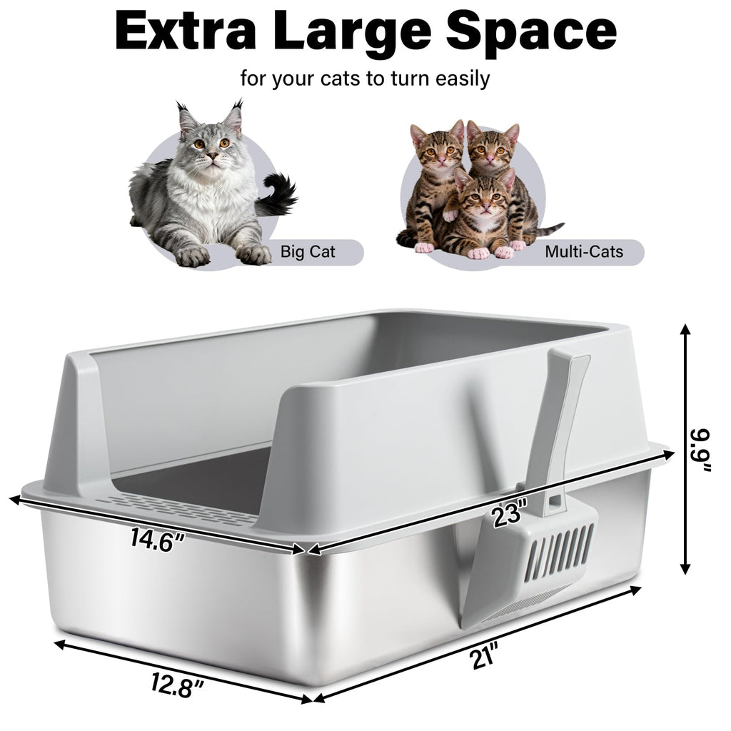 FUTAM Stainless Steel Litter Box, XL Metal Litter Box with Lid