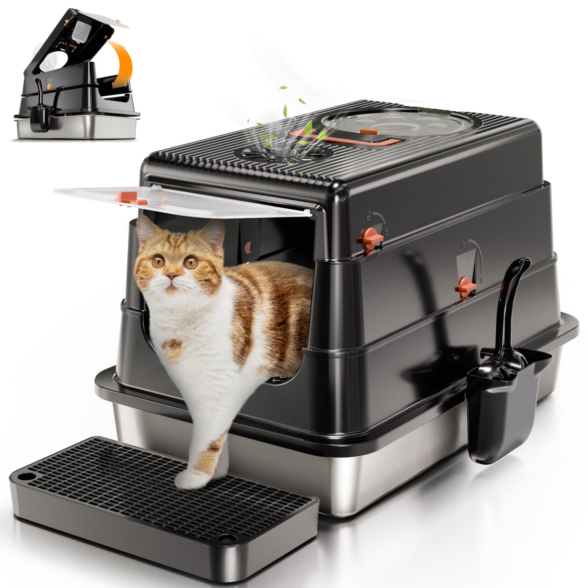 Eosarcu Stainless Steel Cat Litter Box with Lid, XL Large Enclosed, Black