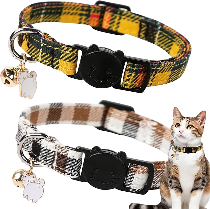 Unique style paws 2 Pack Autumn Halloween Kitten Collar Breakaway with Bell&Pendant, Adjustable Safety Coloeful Orange Brown Grid Cat Cotton Collar for Girl Boy Cat and Small Pet