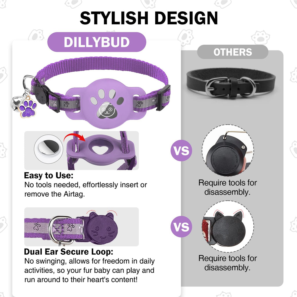DILLYBUD Airtag Cat Collar Breakaway, Reflective Kitten Collar with Bell and Apple Air Tag Holder, GPS Cute Cat Collar, Glow in The Dark Pet Collars for Boy Girl Cats, Kittens, Puppies, Purple