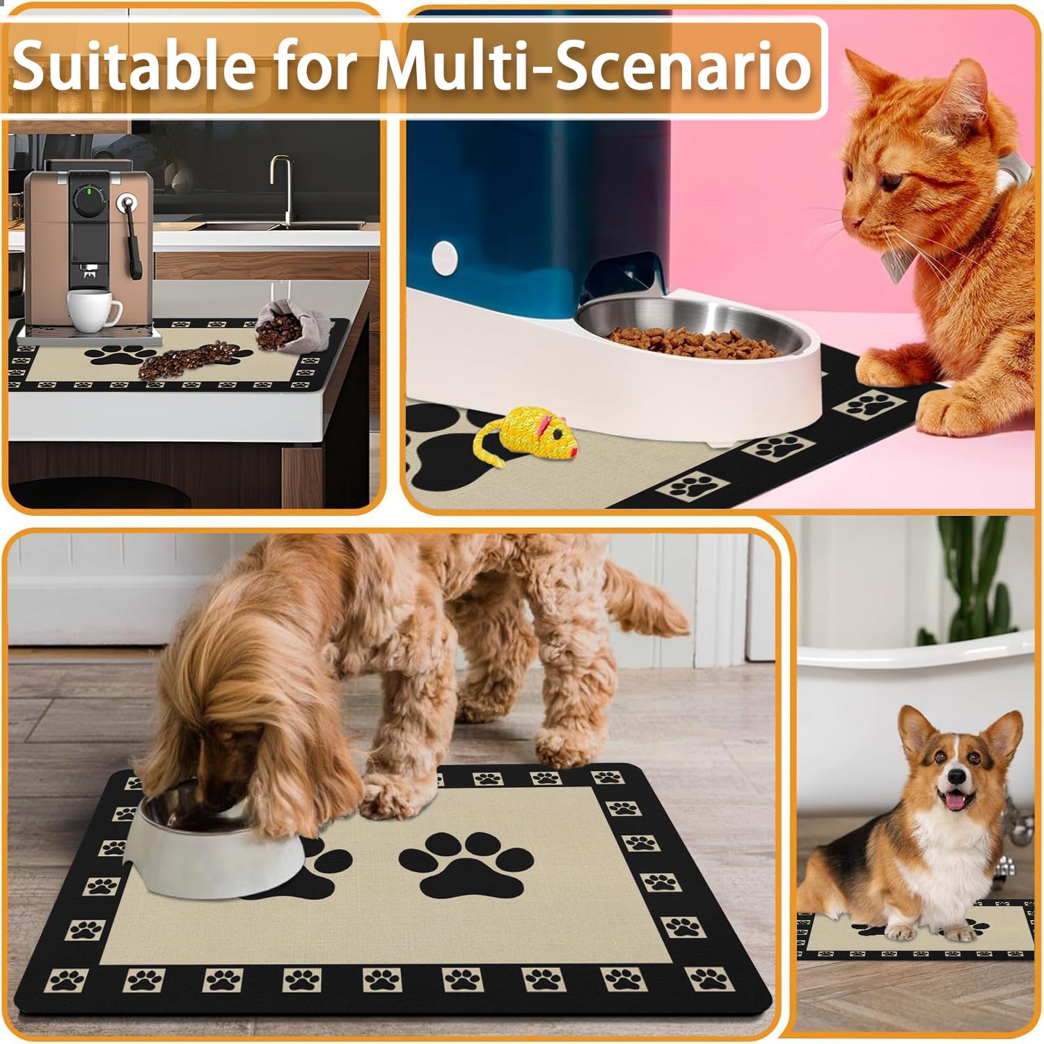 Absorbent Pet Dog Bowl Mat for Food and Water, Pet Cat Food Feeding Mat with Non Slip Rubber Backing, Dog Food Mats for Floors Waterproof, 12"x20"