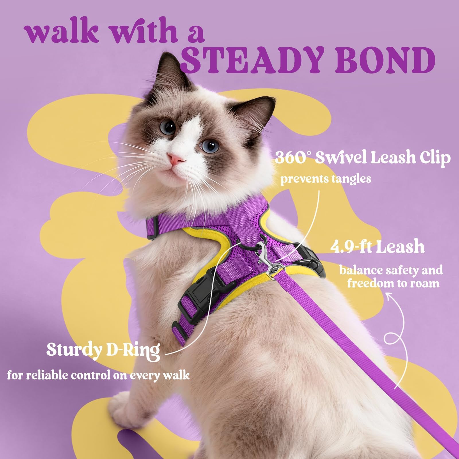 rabbitgoo Cat Harness and Leash Set, Escape Proof Vest, Purple & Yellow