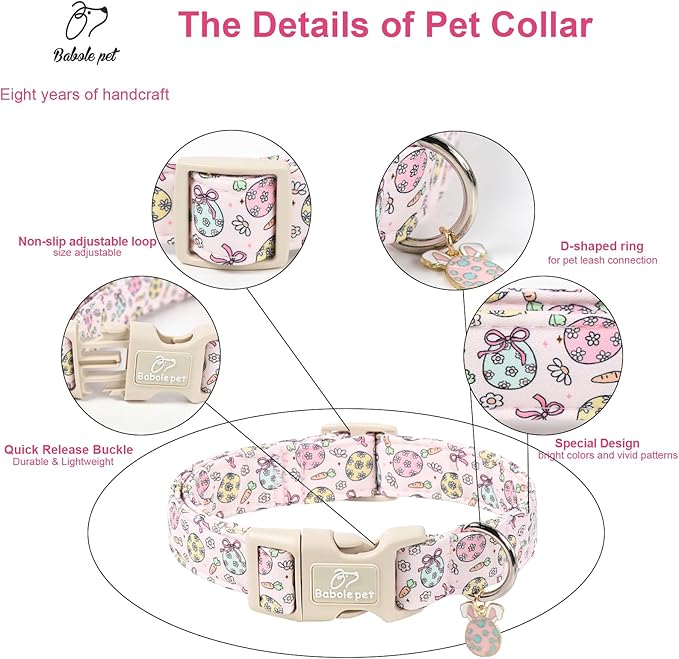 Babole Pet Easter Dog Collar for Small Dogs - Easter Egg Pastel Dog Collars, Cute Girl Dogs Collar, Lightweight Adjustable Pink Spring Holiaday Dog Collars with Quick Release Buckle S