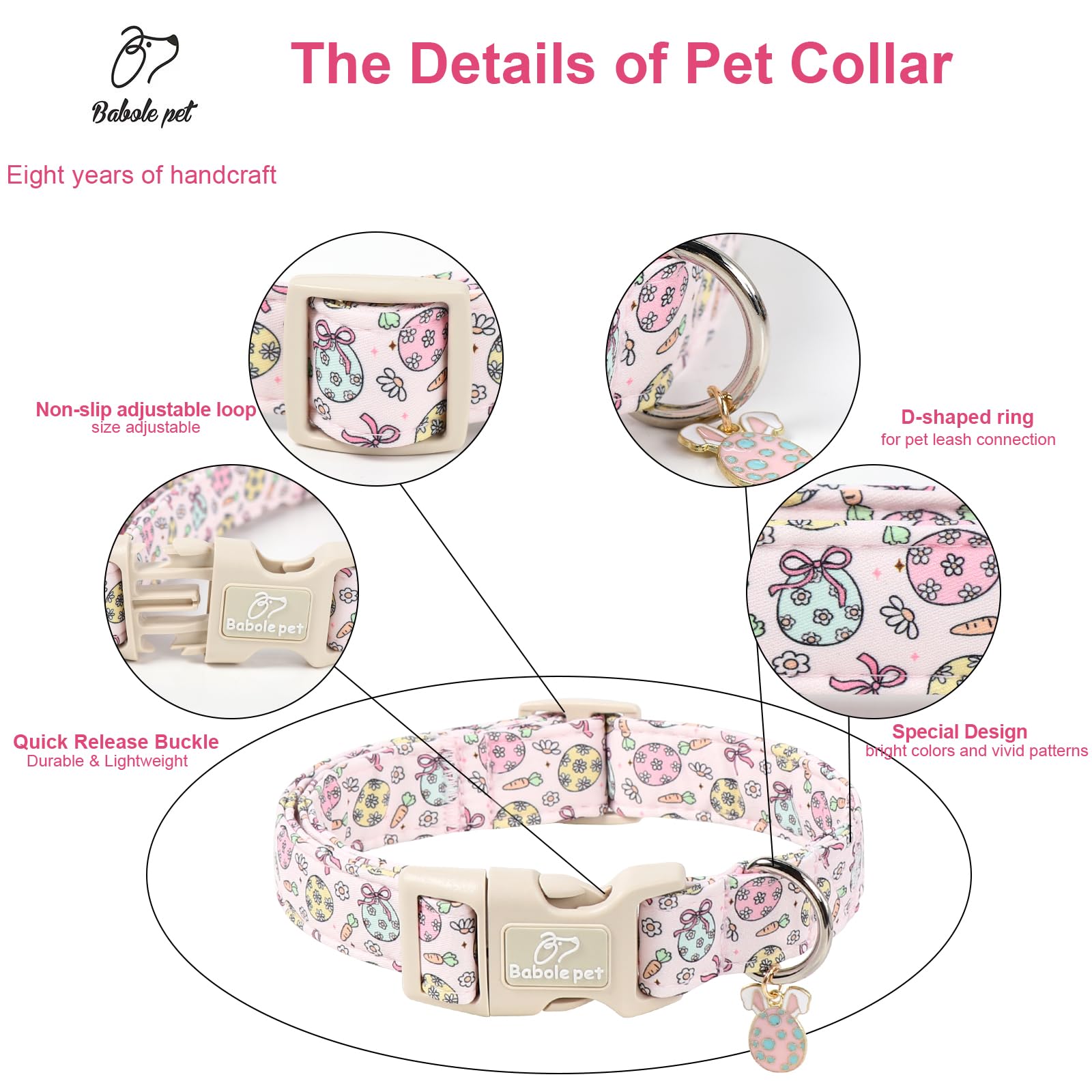 Babole Pet Easter Dog Collar for Small Dogs - Easter Egg Pastel Dog Collars, Cute Girl Dogs Collar, Lightweight Adjustable Pink Spring Holiaday Dog Collars with Quick Release Buckle S