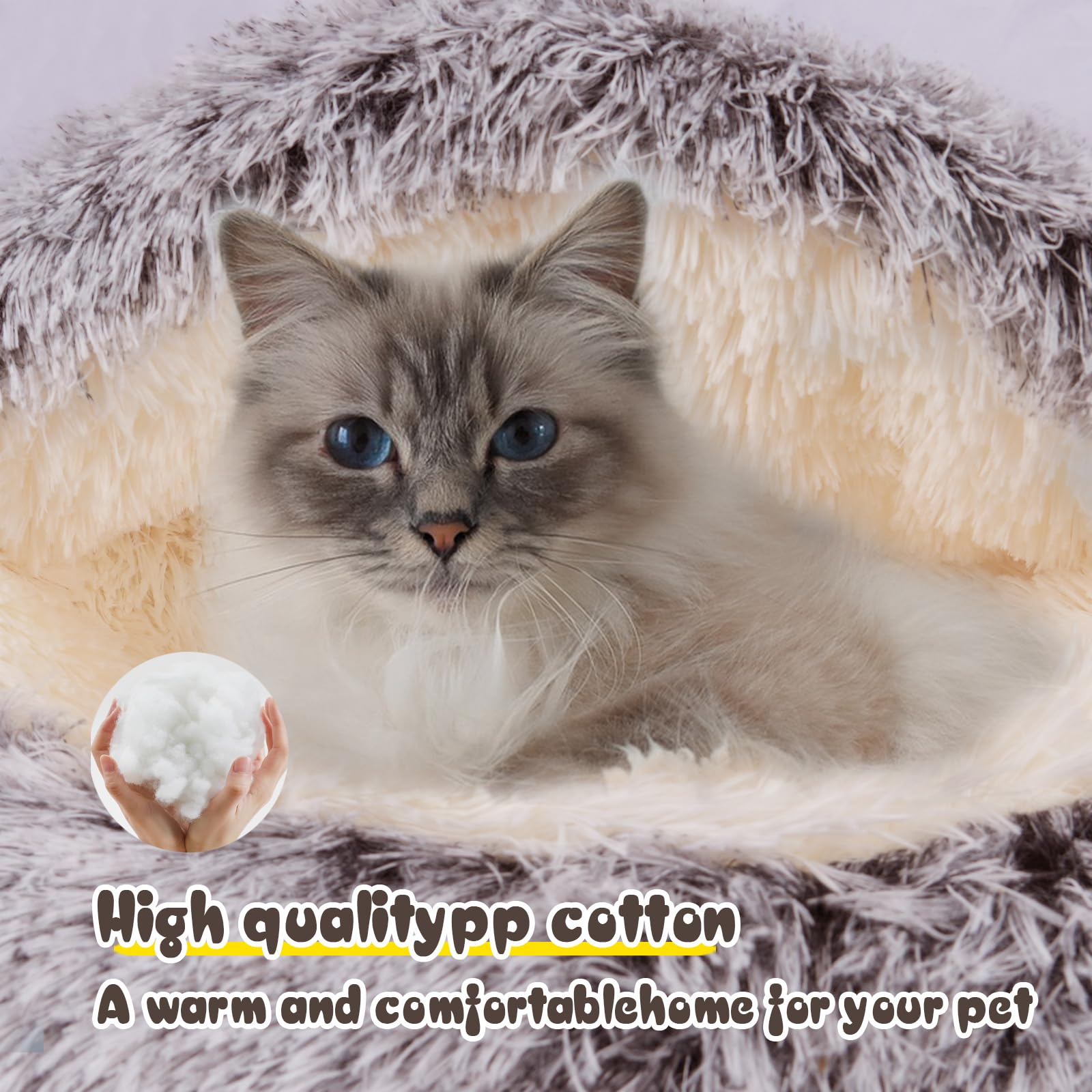 BELEEWILWON Cat Bed for Indoor Cats, Calming Cozy Cave with Self-Warming Plush, Entire Bed Machine Washable & Anti-Slip Base, Breathable Pet Bed for Small Cats&Dogs All Seasons (Khaki, 24 * 24inch)