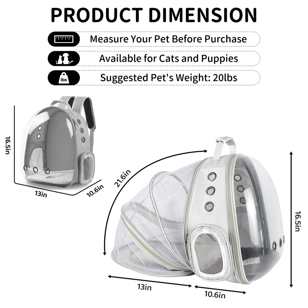 PETSWEET Cat Backpack Carrier, Back Expandable Pet Backpack with Bubble Window, Airline Approved Pet Travel Bag for Small/Medium Cats & Puppies, Hiking, Camping, Outdoor Use (Grey)