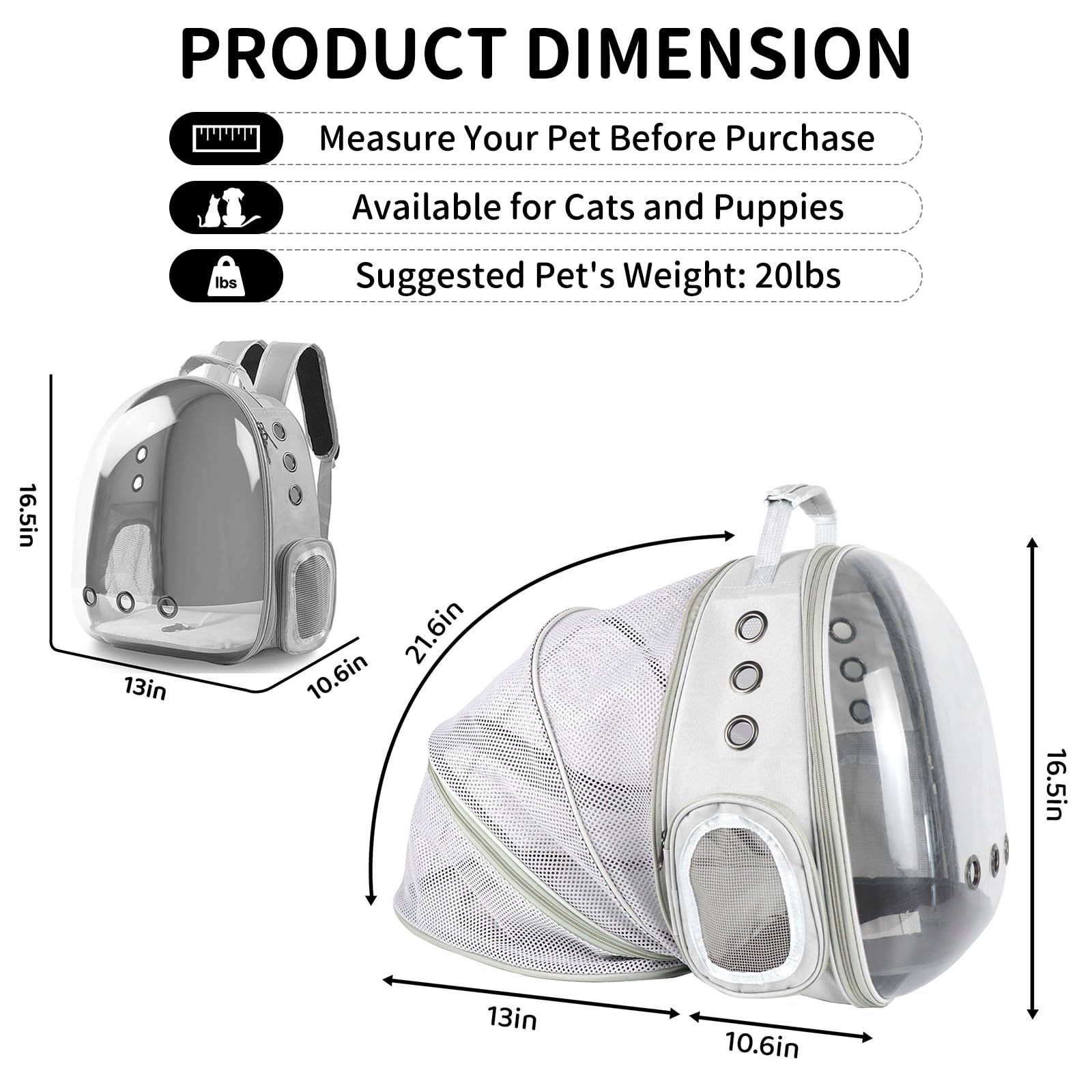 PETSWEET Cat Backpack Carrier, Back Expandable Pet Backpack with Bubble Window, Airline Approved Pet Travel Bag for Small/Medium Cats & Puppies, Hiking, Camping, Outdoor Use (Grey)