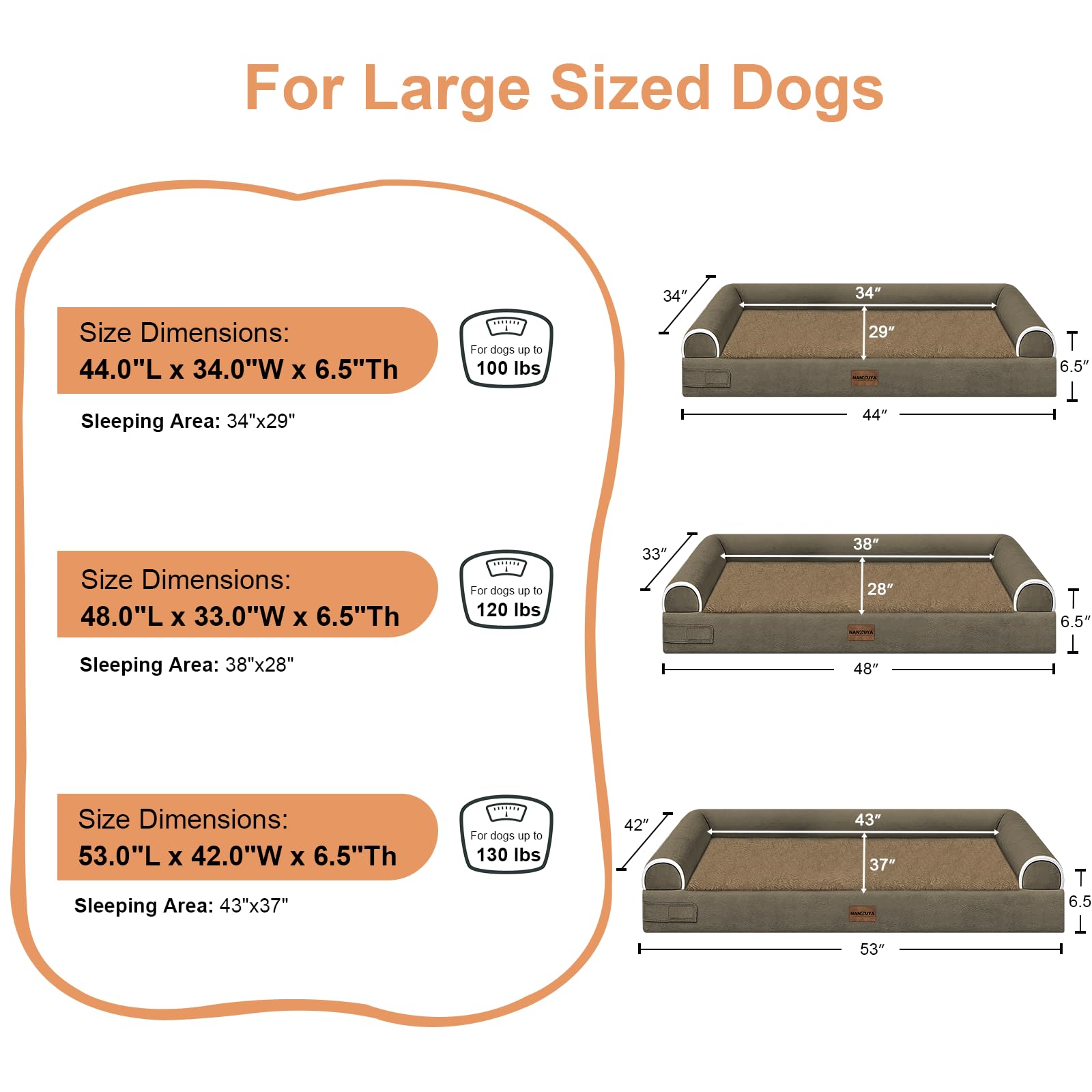 NANUYA Orthopedic Dog Bed for Jumbo Dogs, 53 x 42 Inch, Brown