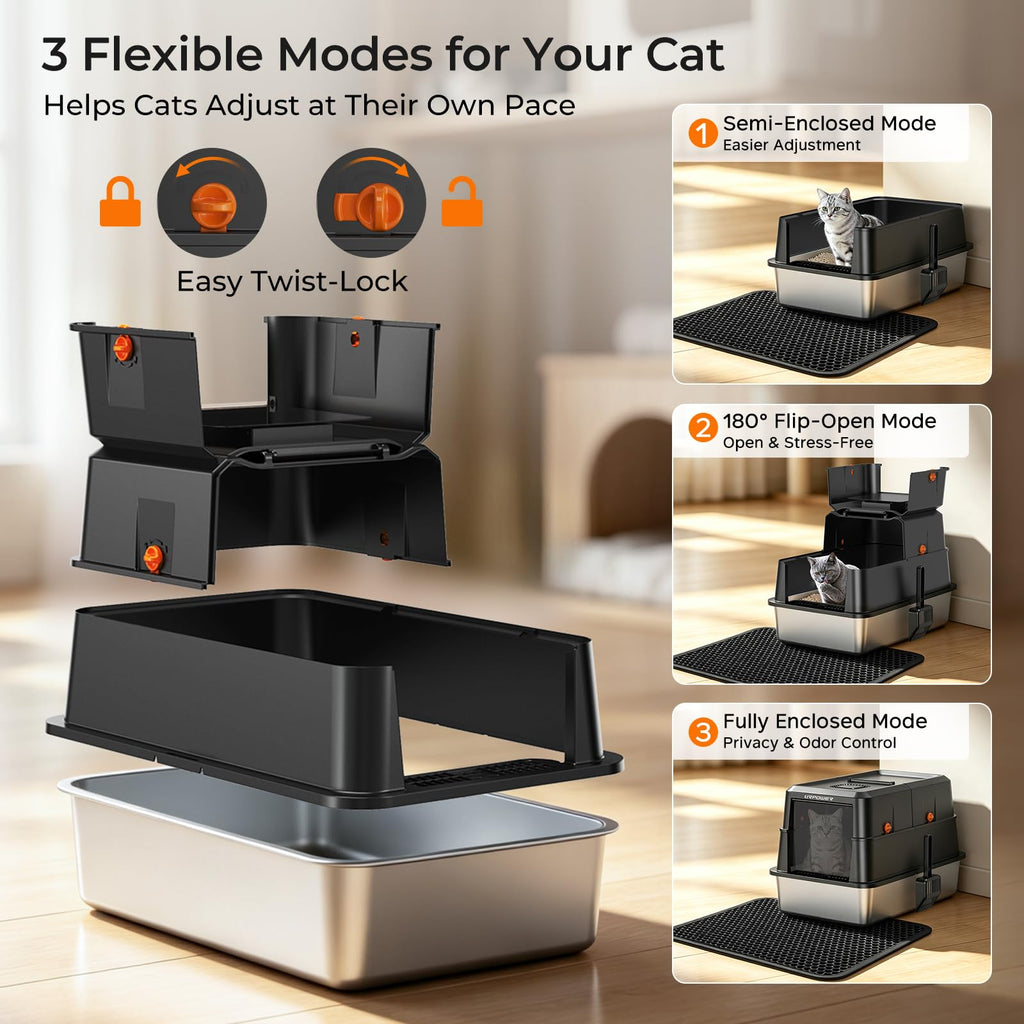 URPOWER XL Stainless Steel Cat Litter Box with 180° Flip-Top Lid