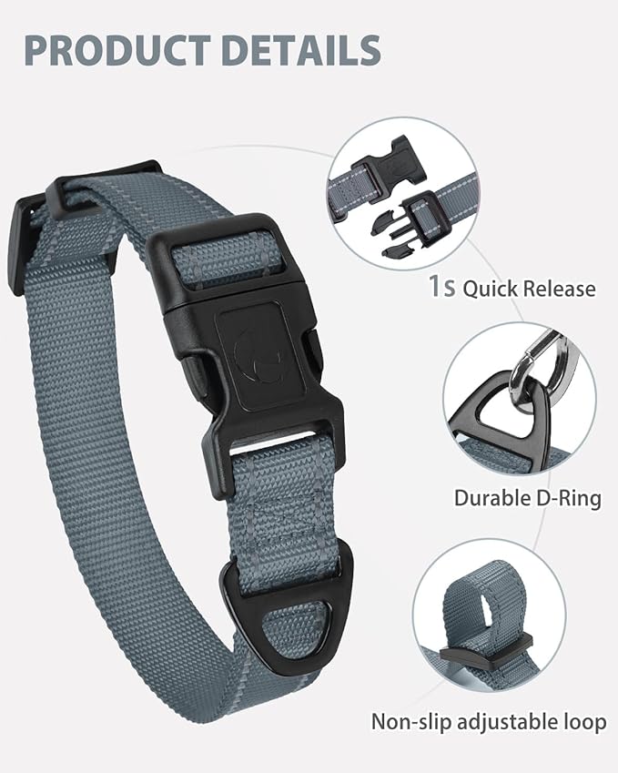 Joytale Dog Collars for Small Dogs, Feather-Light Double-Sided Reflective Nylon Collar for Night Safety, Adjustable Quick-Release for Growing Puppies, Gray, S (5/8" Width)