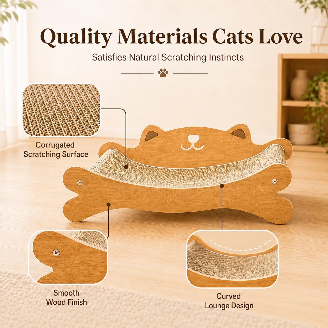 RizzQi Cat Scratcher Bed for Indoor Cats - Summer Cool Hammock, 23.2″ Large Scratching Lounge with 40 lbs Weight Capacity, Wooden Modern Cat Scratching Post & Pad Furniture