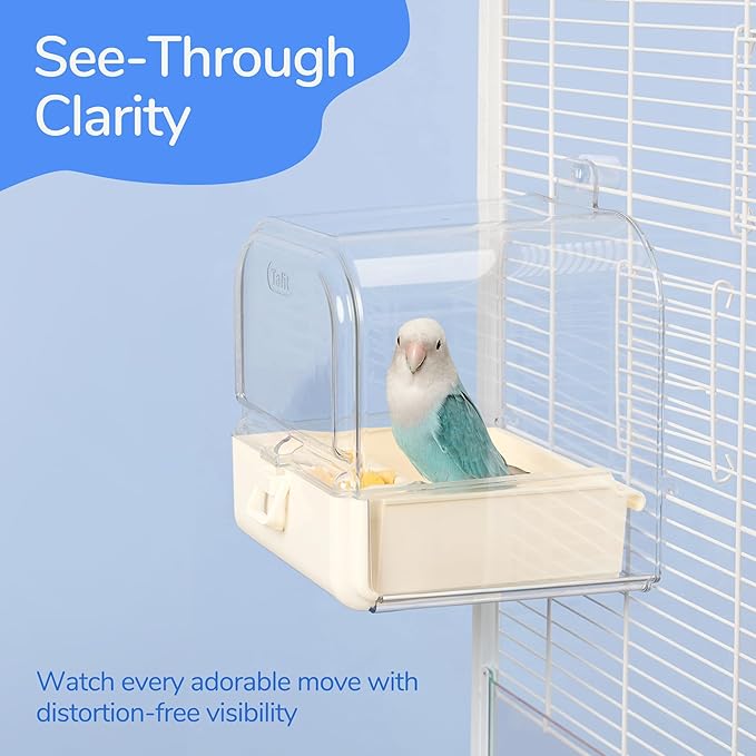 tafit Hanging Bird Bath for Cage with Bowls & Mesh Bottom - 3-in-1 Multifunction Bird Bath/Bowl/House, Bird Shower for Lovebirds, Finches, Parakeets, Budgies, and Other Small to Medium Birds - White