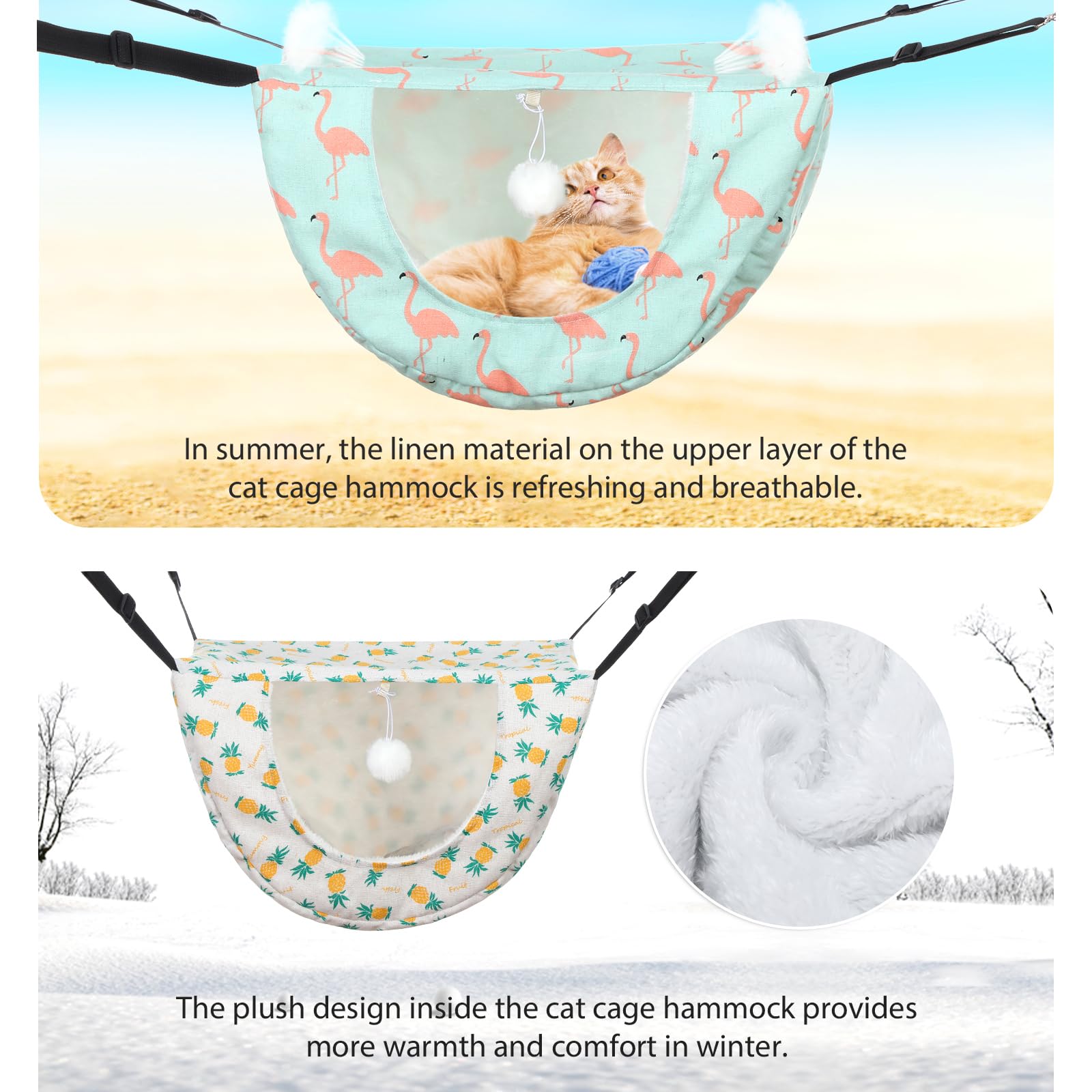 Unittype 2 Pieces Cat Cage Hammock Hanging Pet Bed Double Layer Soft Plush Hanging Pet Comfortable Hammock Bed for Indoor Kitten Ferret Hamster Rabbit or Small Animals, 2 Styles(Pineapple)