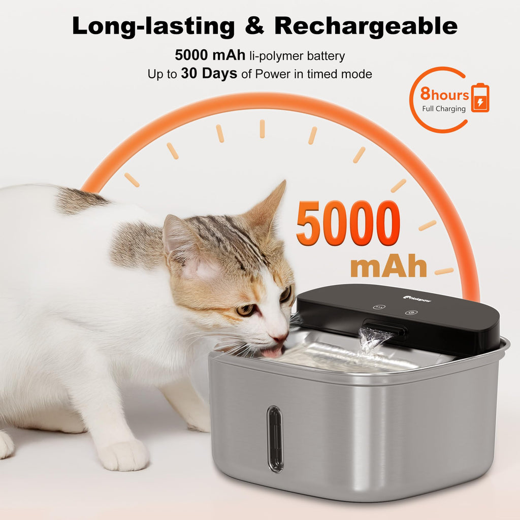 HOLAPAW Wireless Cat Water Fountain Stainless Steel, 128oz/3.78L Cordless Automatic Water Dispenser for Cats and Dogs, Battery Operated Drinking Fountain for Pets with Motion Sensor, Ultra Quiet Pump