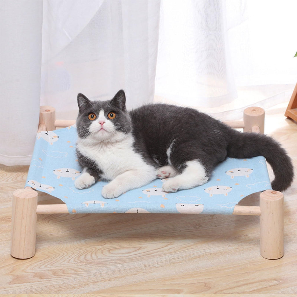 Pozico Cat & Dog Hammock Bed – Wooden Elevated Pet Cot with Breathable Mesh – Raised Cat Bed for Small Pets, Portable Puppy Bed Indoor & Outdoor Use – Blue Rabbit Design