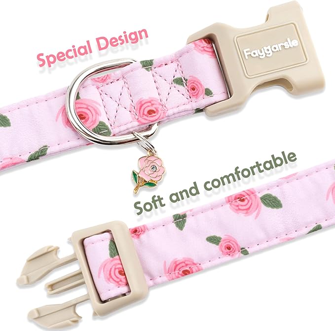 Faygarsle Pink Floral Dog Collar with Roses Pattern, Spring Summer Design for Small Medium Large Dogs XS