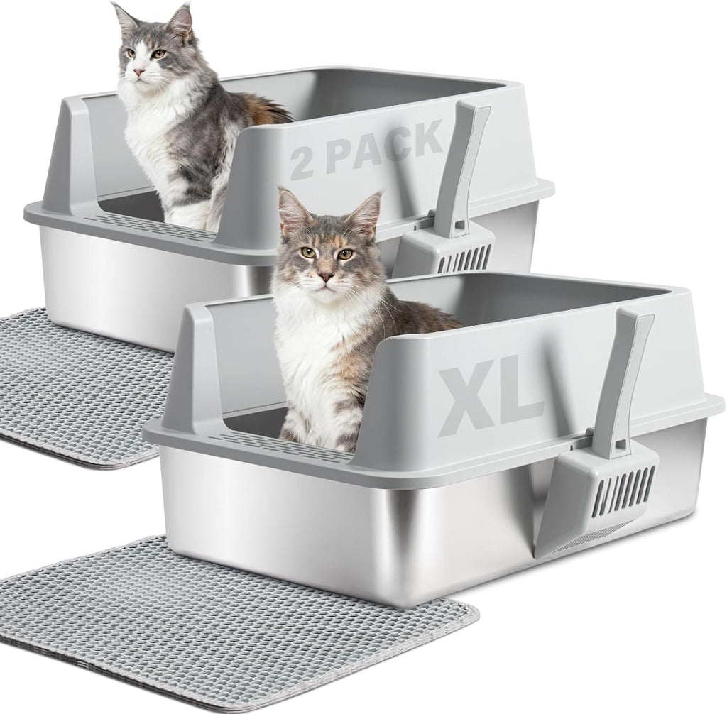 2PACK Stainless Steel Cat Litter Box with Lid, XL Metal Litter Box